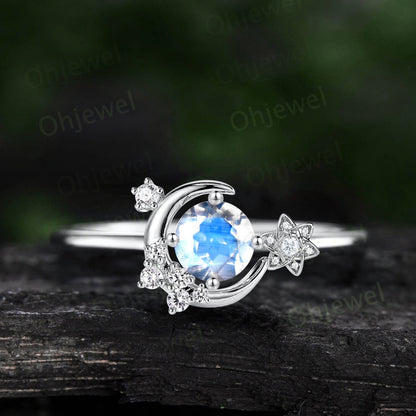Round moonstone ring vintage cluster diamond ring rose gold unique moon engagement ring retro star flower moissanite wedding ring women gift