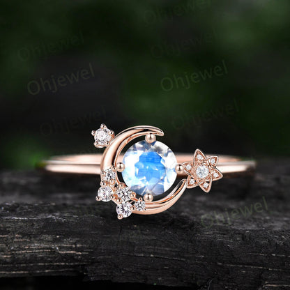 Round moonstone ring vintage cluster diamond ring rose gold unique moon engagement ring retro star flower moissanite wedding ring women gift