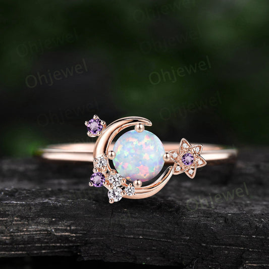 Round opal ring vintage cluster amethyst ring rose gold unique moon engagement ring retro star flower moissanite bridal wedding ring women