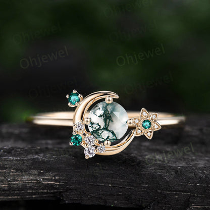 Round moss agate ring vintage cluster emerald ring rose gold unique moon engagement ring retro star flower moissanite wedding ring women