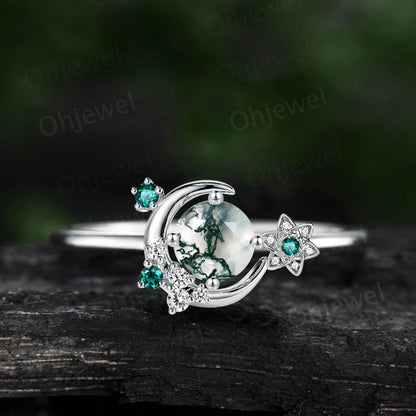 Round moss agate ring vintage cluster emerald ring rose gold unique moon engagement ring retro star flower moissanite wedding ring women