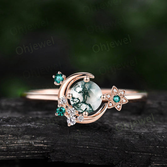Round moss agate ring vintage cluster emerald ring rose gold unique moon engagement ring retro star flower moissanite wedding ring women