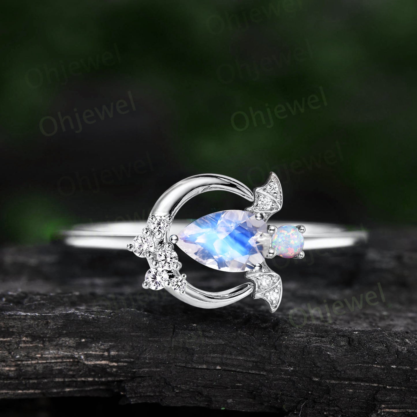 Pear moonstone ring vintage unique moon bat engagement ring cluster diamond opal ring women east to west anniversary wedding ring gift