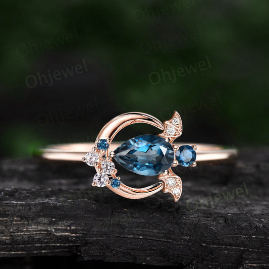 Pear London blue topaz ring vintage unique moon bat engagement ring cluster diamond ring women east to west anniversary wedding ring gift