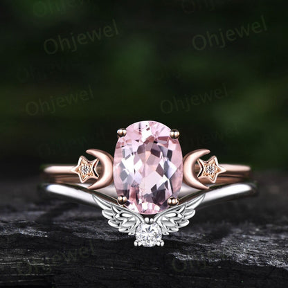 Vintage oval pink morganite engagement ring three stone moon star wing diamond ring solid 14k rose gold unique bridal ring set women gift