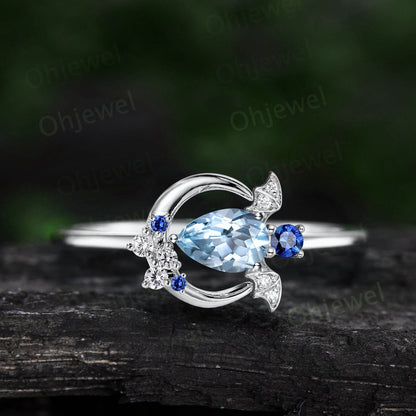 Pear shaped aquamarine ring vintage unique moon bat engagement ring cluster diamond ring women east to west anniversary wedding ring gift