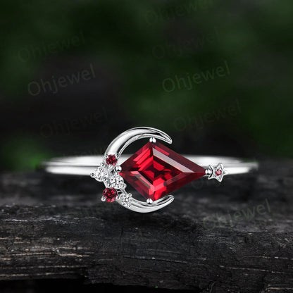 Kite cut red ruby ring vintage cluster diamond ring yellow gold east to west moon star engagement ring gemstone unique wedding ring women