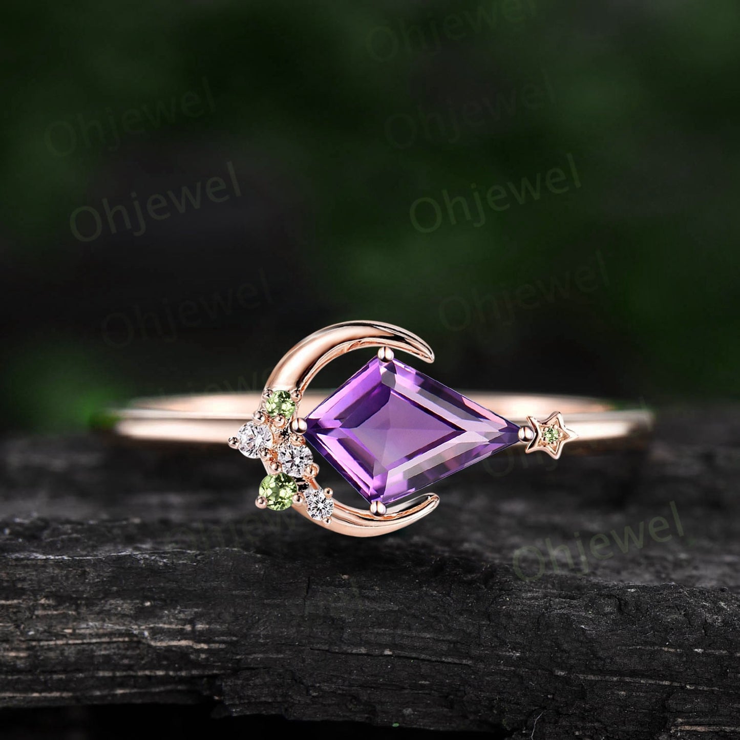 Kite cut purple amethyst ring vintage cluster peridot ring yellow gold east to west moon star engagement ring unique wedding ring for women