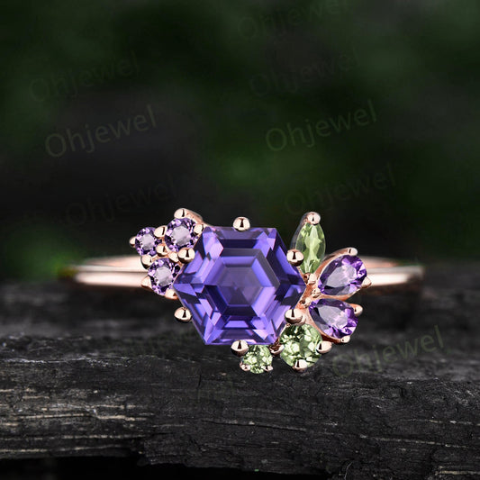 Vintage hexagon purple sapphire engagement ring rose gold cluster peridot amethyst ring women dainty 6 prong gemstone anniversary ring gift