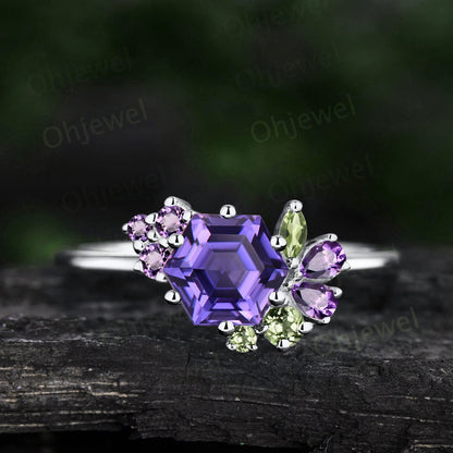Vintage hexagon purple sapphire engagement ring rose gold cluster peridot amethyst ring women dainty 6 prong gemstone anniversary ring gift