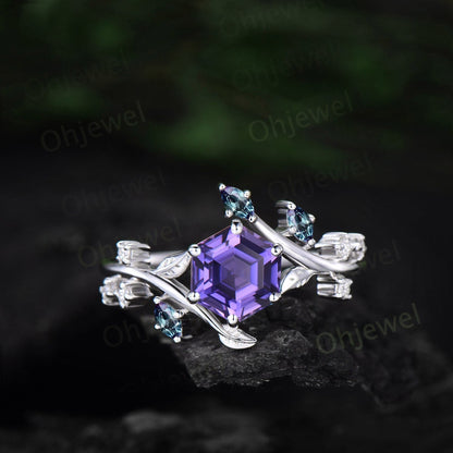 Hexagon purple sapphire ring vintage leaf Nature inspired engagement ring women twig cluster Alexandrite ring women rose gold gemstone ring