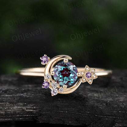 Round Alexandrite ring vintage cluster amethyst ring rose gold unique moon engagement ring retro star flower moissanite wedding ring women