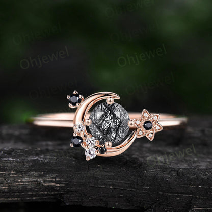 Vintage round black rutilated quartz engagement ring 14k yellow gold star moon cluster moissanite ring black stone ring anniversary gift