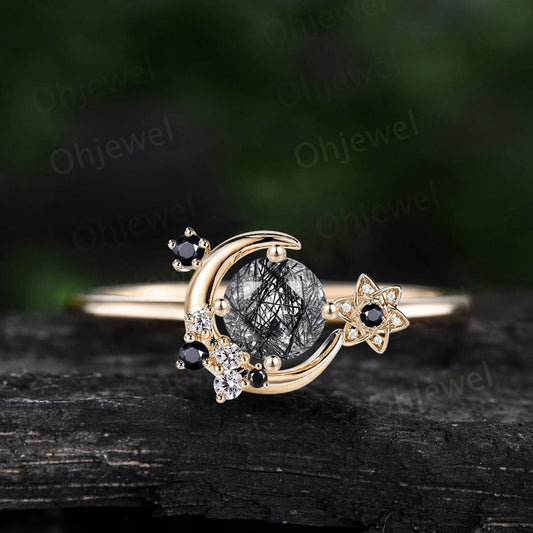 Vintage round black rutilated quartz engagement ring 14k yellow gold star moon cluster moissanite ring black stone ring anniversary gift