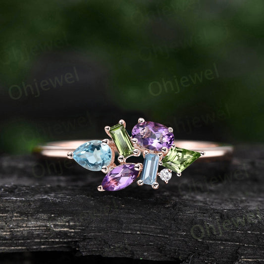 Cluster oval amethyst ring Personalized kite peridot ring rose gold pear baguette blue topaz ring women dainty unique wedding ring band gift