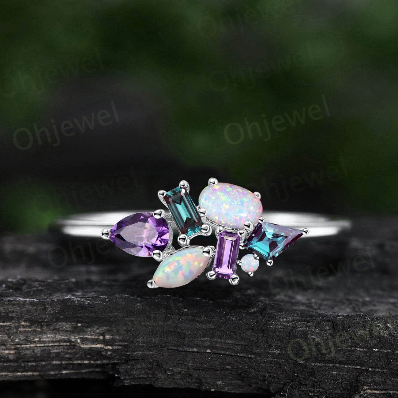 Cluster oval opal ring Personalized kite alexandrite ring rose gold pear baguette amethyst ring women dainty unique wedding ring band gift