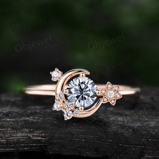 Round gray moissanite ring vintage cluster diamond ring rose gold unique moon engagement ring retro star flower wedding ring women gift