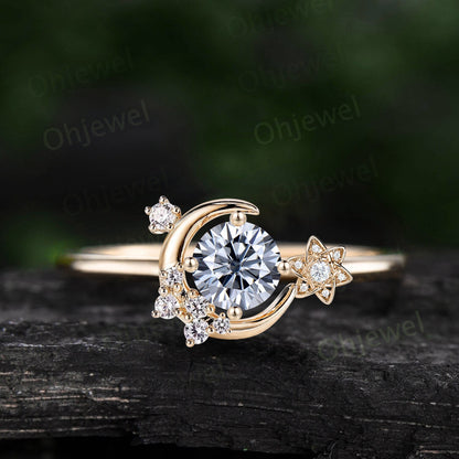 Round gray moissanite ring vintage cluster diamond ring rose gold unique moon engagement ring retro star flower wedding ring women gift
