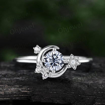 Round gray moissanite ring vintage cluster diamond ring rose gold unique moon engagement ring retro star flower wedding ring women gift
