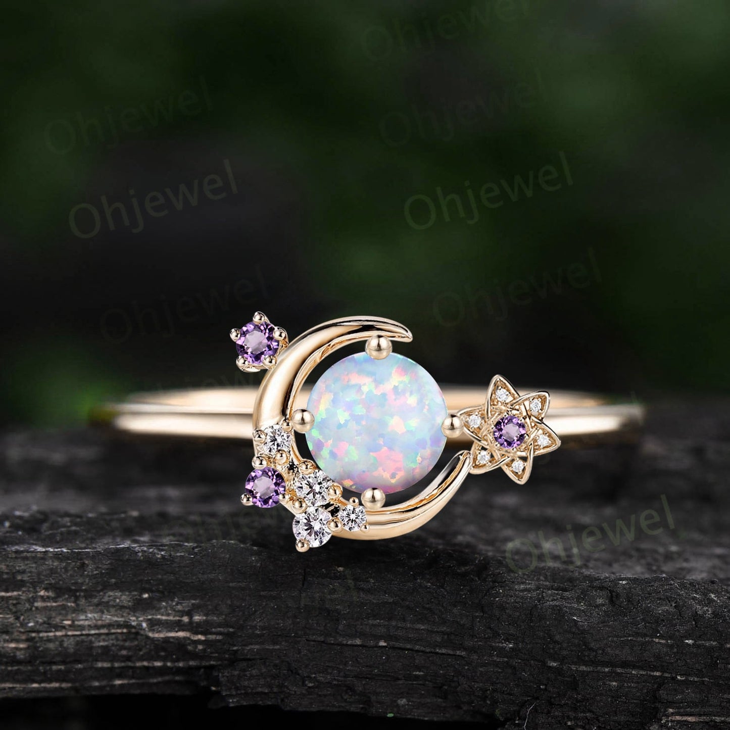 Round opal ring vintage cluster amethyst ring rose gold unique moon engagement ring retro star flower moissanite bridal wedding ring women