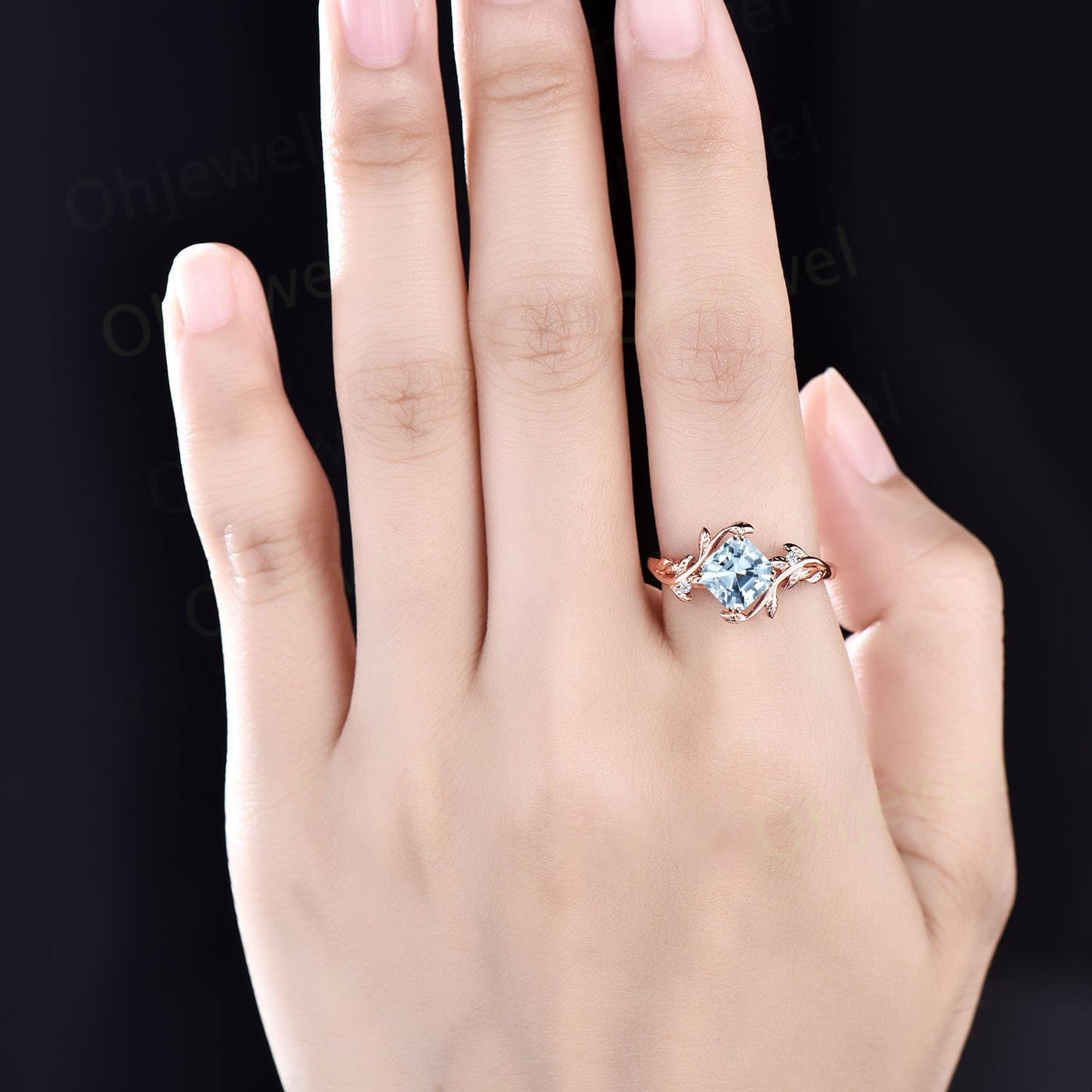 Vintaeg Asscher natural Aquamarine engagement ring women three stone sapphire ring leaf branch rose gold ring unique promise bridal ring