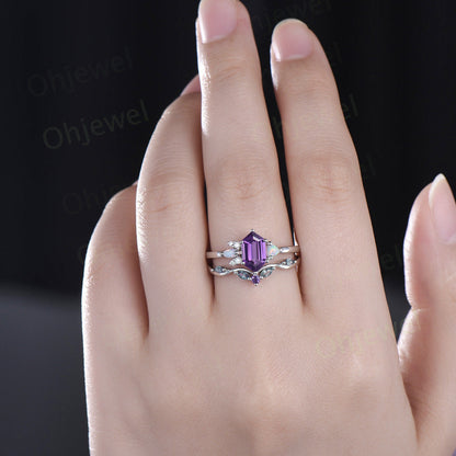 Long hexagon amethyst engagement ring women Trillion opal moissanite ring alexandrite wedding band unique wedding bridal ring set white gold