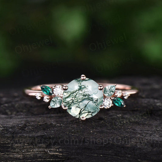 Vintage round green moss agate engagement ring rose gold 6 prong cluster snowdrift diamond ring unique bridal promise wedding ring women