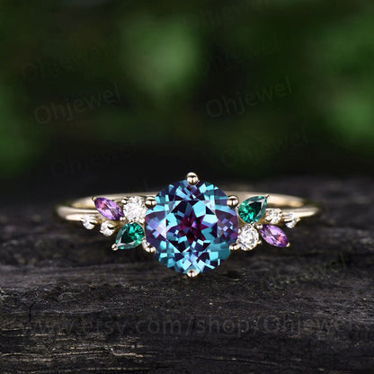 Vintage round alexandrite engagement ring rose gold cluster snowdrift diamond ring emerald amethyst ring women unique bridal wedding ring