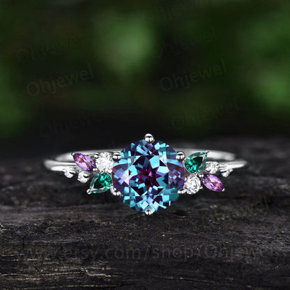 Vintage round alexandrite engagement ring rose gold cluster snowdrift diamond ring emerald amethyst ring women unique bridal wedding ring