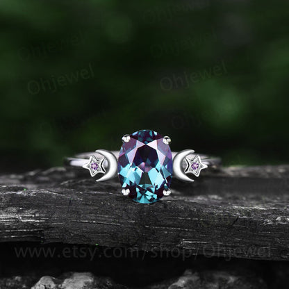 Oval cut Alexandrite ring vintage moon star unique engagement ring rose gold three stone bat wing amethyst ring wedding ring set women gift