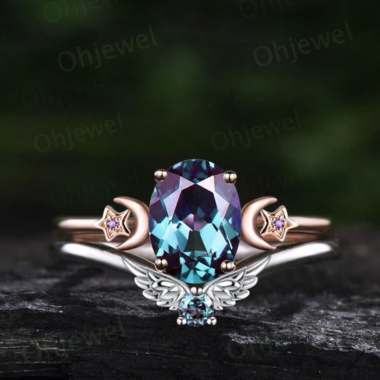 Oval cut Alexandrite ring vintage moon star unique engagement ring rose gold three stone bat wing amethyst ring wedding ring set women gift