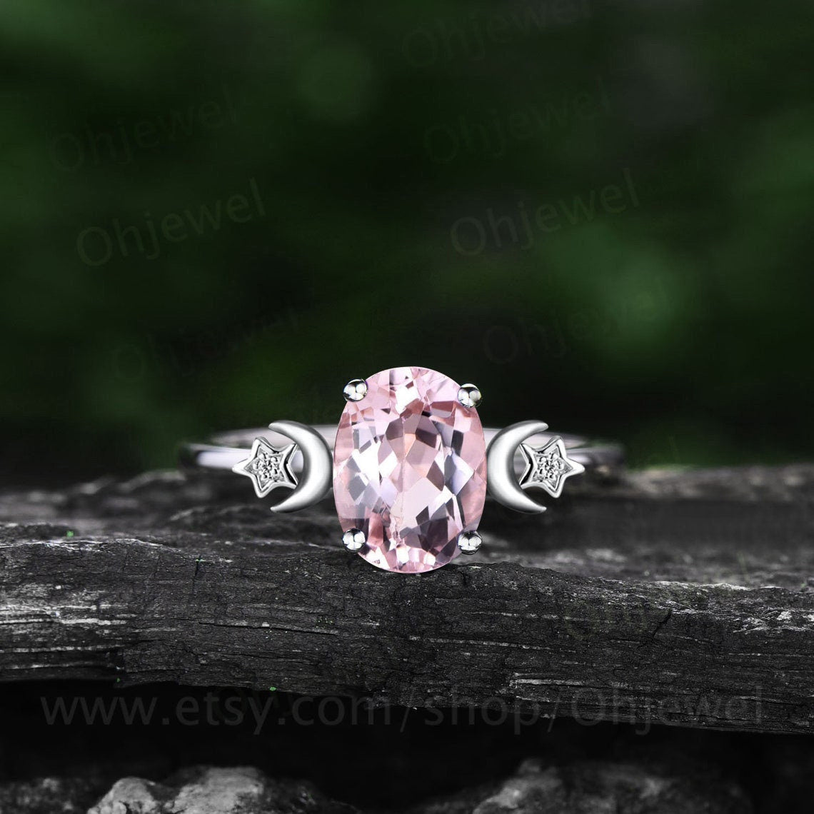 Vintage oval pink morganite engagement ring three stone moon star wing diamond ring solid 14k rose gold unique bridal ring set women gift