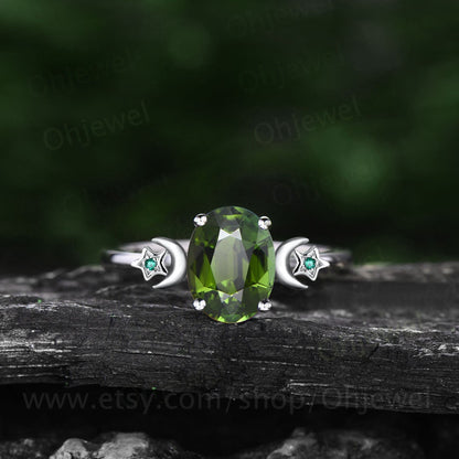 Oval cut green Tourmaline ring vintage moon star unique engagement ring rose gold three stone bat wing emerald ring wedding ring set women