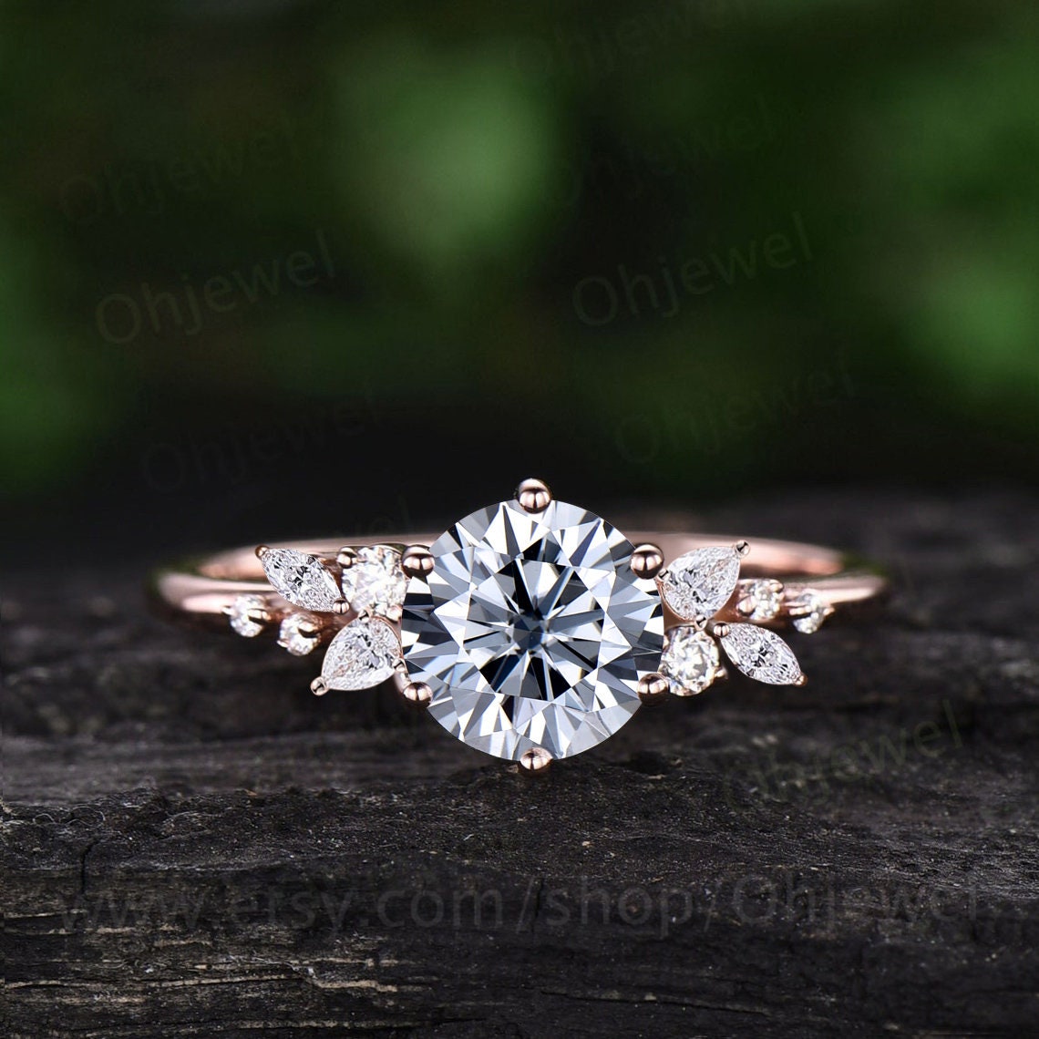 Vintage round gray moissanite engagement ring solid rose gold cluster snowdrift diamond ring unique bridal promise wedding ring women gift