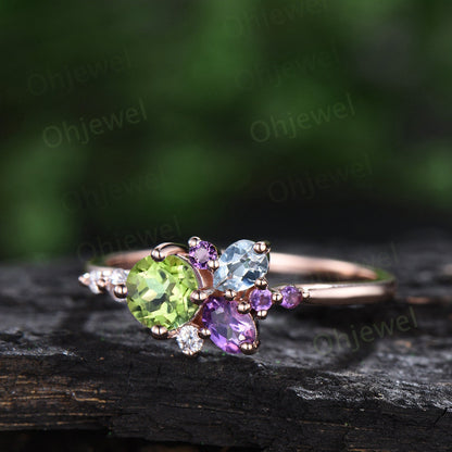 Round peridot ring Personalized cluster amethyst ring vintage pear aquamarine ring dainty multi stone ring unique engagement ring women gift