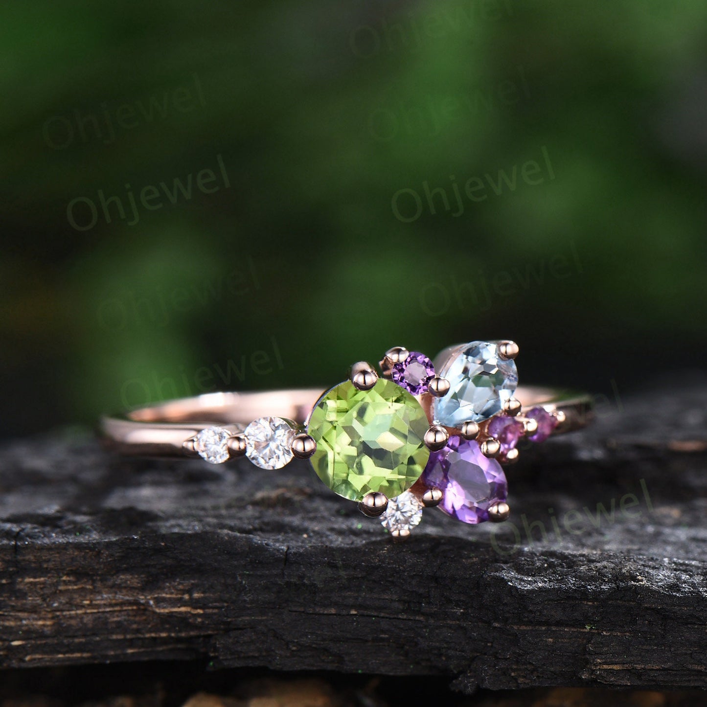 Round peridot ring Personalized cluster amethyst ring vintage pear aquamarine ring dainty multi stone ring unique engagement ring women gift