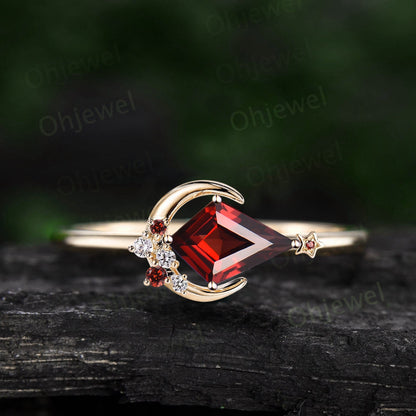 Kite cut garnet ring vintage cluster diamond ring rose gold east to west moon star engagement ring gemstone unique wedding ring women