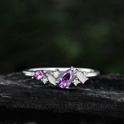 Dainty pear amethyst ring vintage art deco Baguette cut opal ring 14k rose gold unique cluster moissanite wedding band anniversary gift