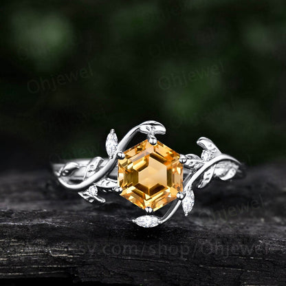 Vintage Hexagon citrine engagement ring nature inspired peridot ring women twig leaf moissanite ring yellow gold branch wedding ring gift
