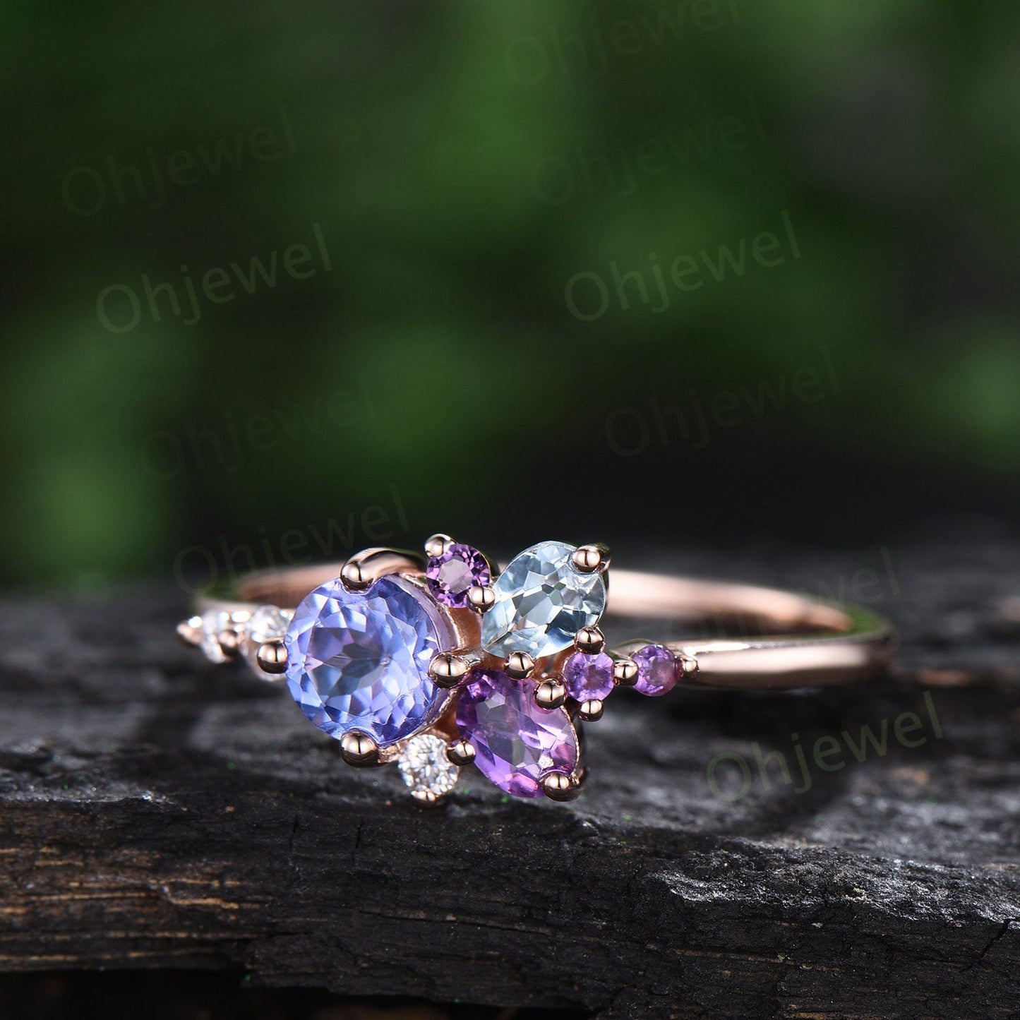 Round Tanzanite ring Personalized cluster amethyst ring vintage pear aquamarine ring dainty multi stone ring unique engagement ring women