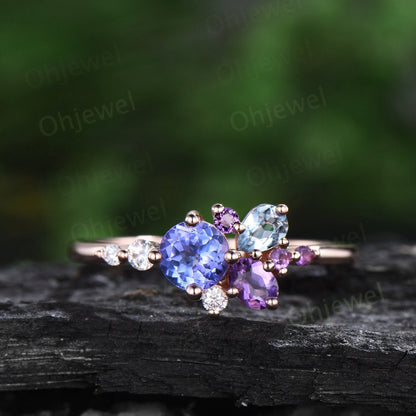 Round Tanzanite ring Personalized cluster amethyst ring vintage pear aquamarine ring dainty multi stone ring unique engagement ring women