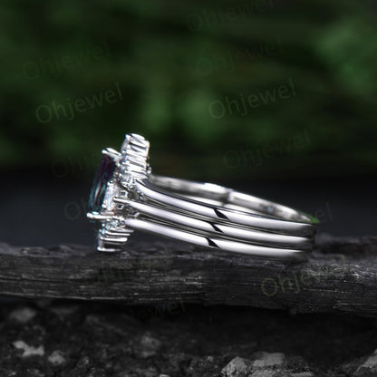 Pear shaped natural moss agate engagement ring set women white gold curved alexandrite ring Personalized moissanite unique wedding ring set