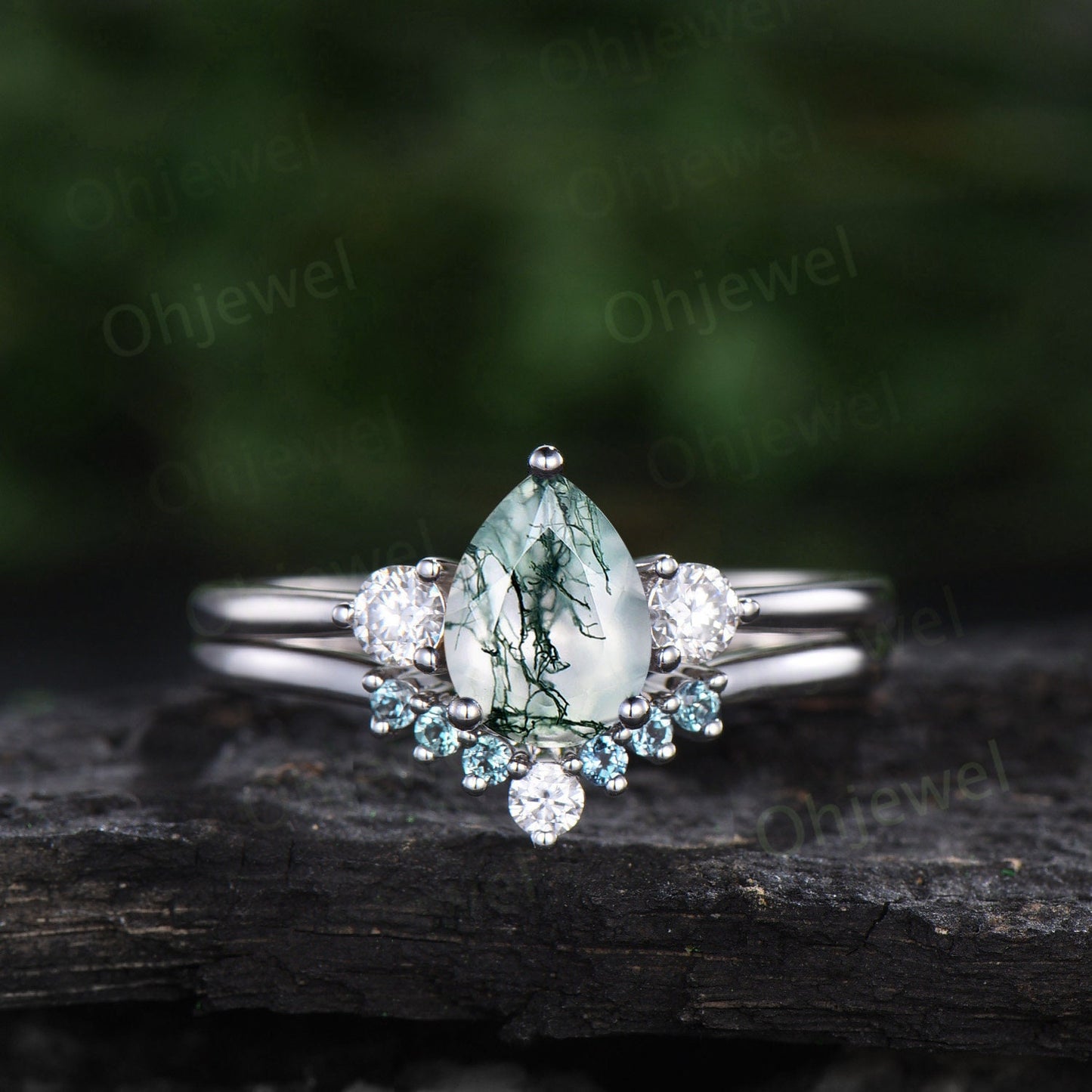 Pear shaped natural moss agate engagement ring set women white gold curved alexandrite ring Personalized moissanite unique wedding ring set