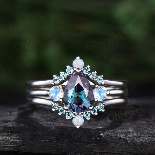 Pear shaped alexandrite engagement ring set three stone moonstone opal ring women white gold unique bridal promise ring set gemstone gift