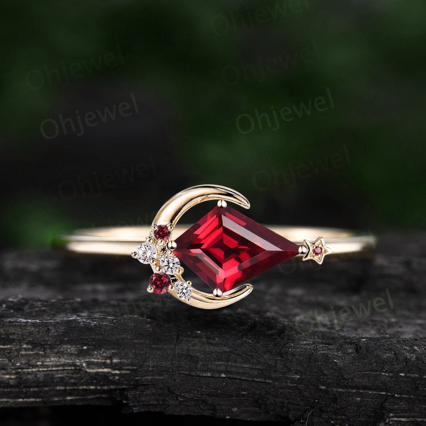 Kite cut red ruby ring vintage cluster diamond ring yellow gold east to west moon star engagement ring gemstone unique wedding ring women