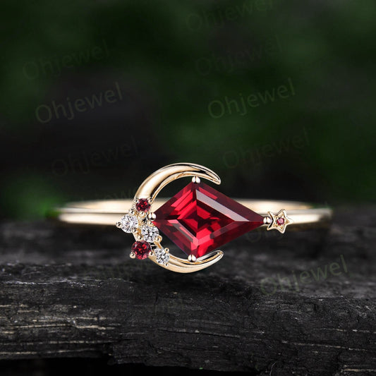 Kite cut red ruby ring vintage cluster diamond ring yellow gold east to west moon star engagement ring gemstone unique wedding ring women