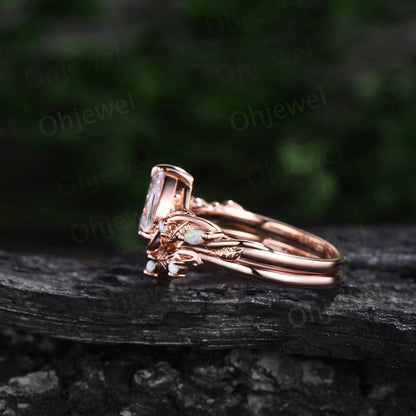 Vintage pear shaped moonstone engagement ring leaf opal ring set  nature inspired branch moissanite promise wedding bridal ring set women