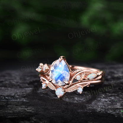 Vintage pear shaped moonstone engagement ring leaf opal ring set  nature inspired branch moissanite promise wedding bridal ring set women