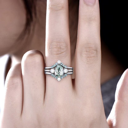 Pear shaped natural moss agate engagement ring set women white gold curved alexandrite ring Personalized moissanite unique wedding ring set