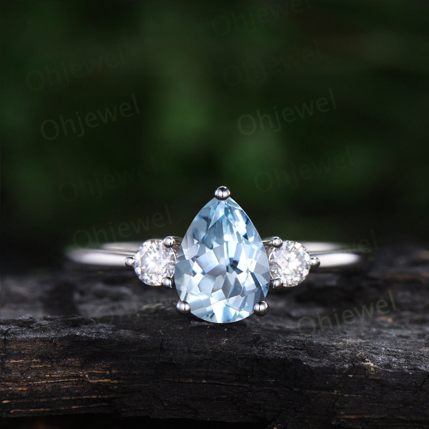 Pear shaped aquamarine engagement ring set three stone moissanite sapphire ring women white gold unique bridal wedding ring set jewelry